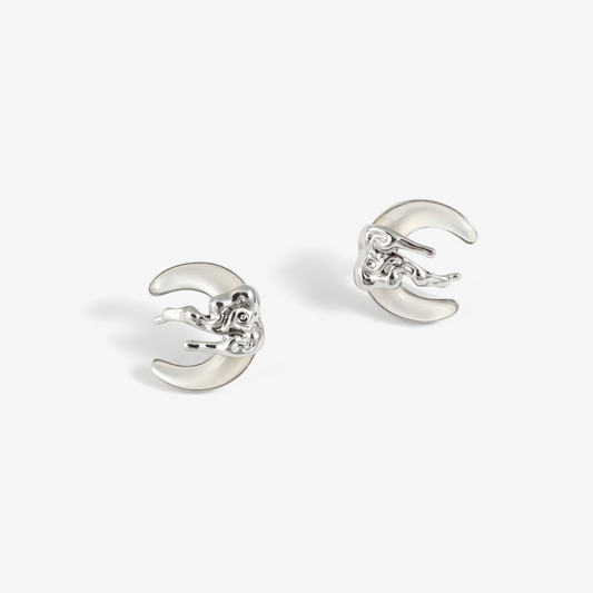 Auspicious Clouds White Chalcedony Curved Moon Earrings