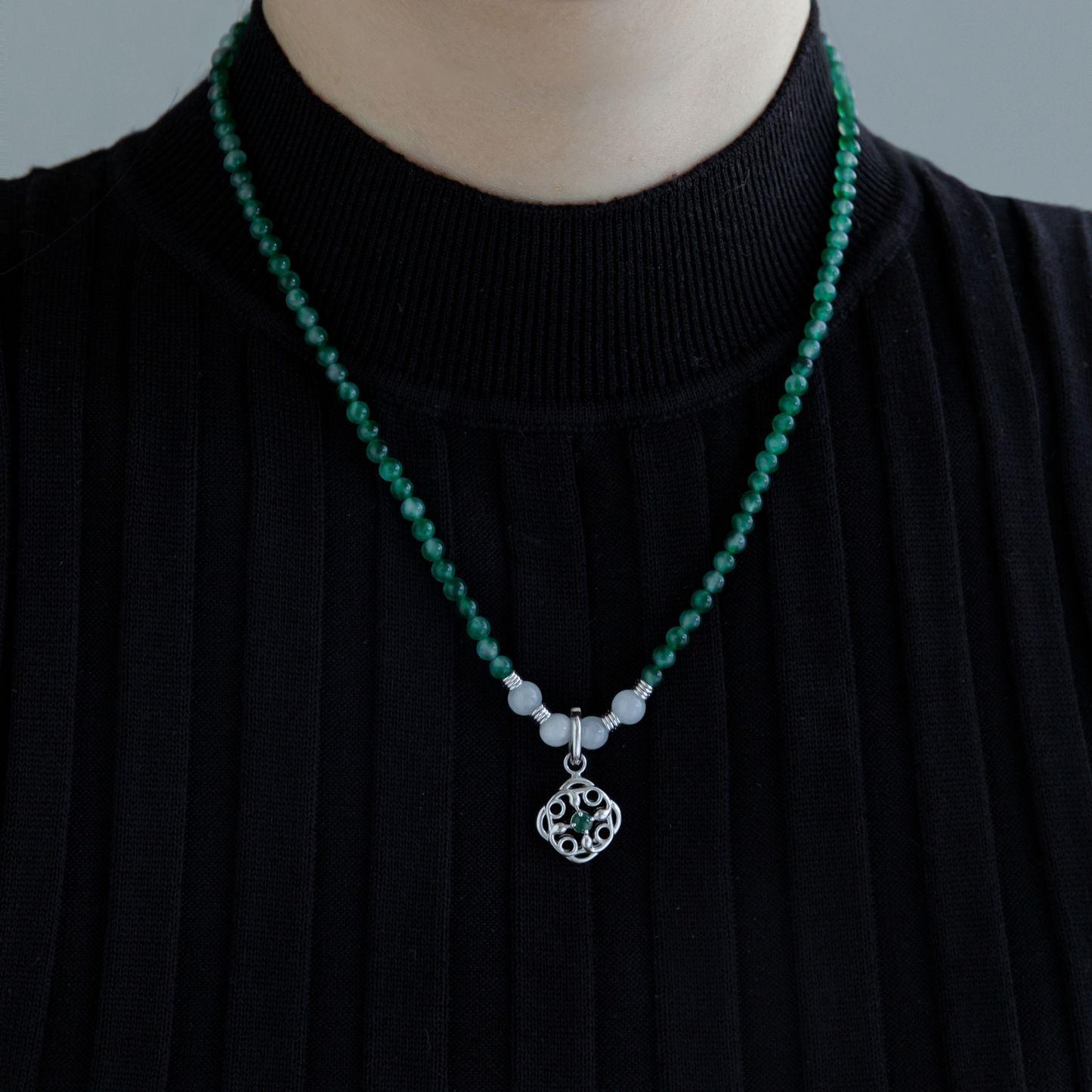 White Chalcedony Spacer Bead Green Specter Beaded Necklace