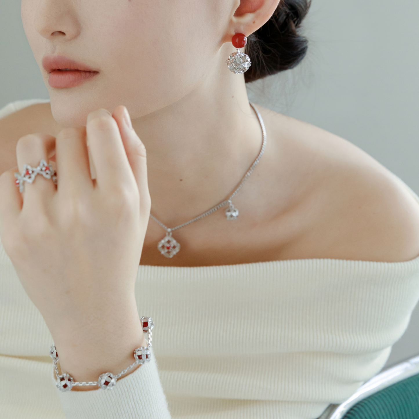 Red Agate Coin Zircon Bracelet