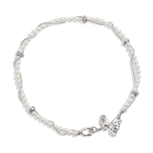 Double entwined butterfly pearl necklace
