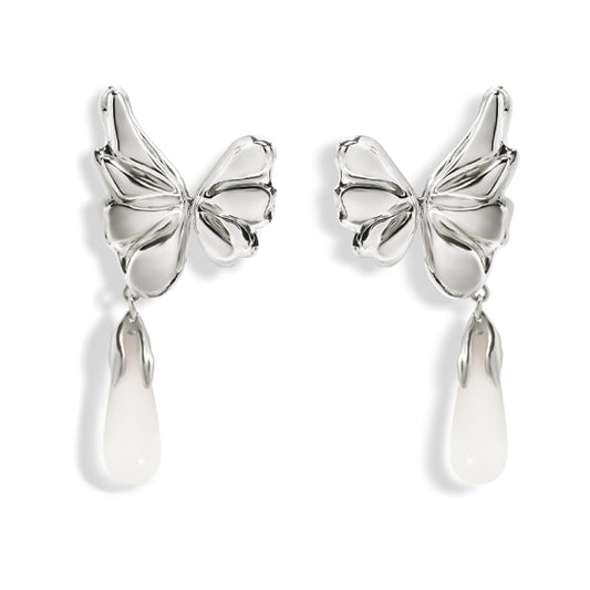 Water Drops White Chalcedony Butterfly Earrings